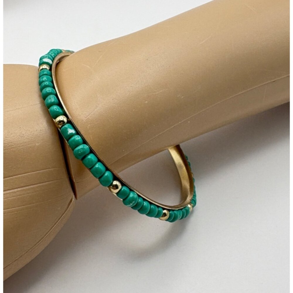 Green and Gold Tone Beaded Bangle Bracelet Retro Boho